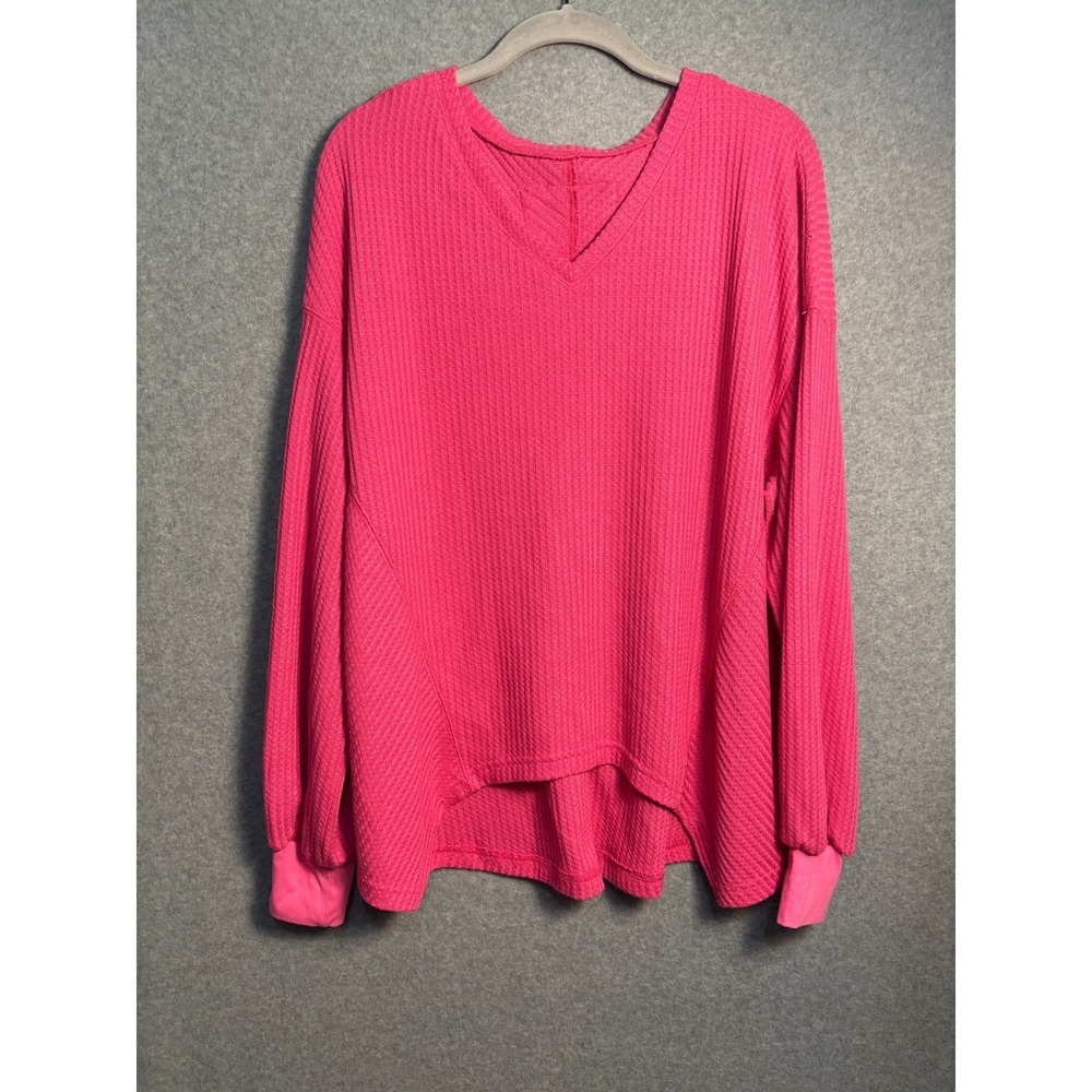 Hot Pink Waffle Knit Oversized Tunic Top Medium Cozy Lounge Casual Boho Barbie